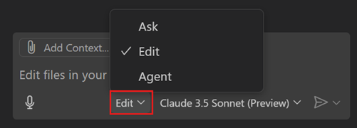 Screenshot showing the Chat view, highlighting edit mode selected.